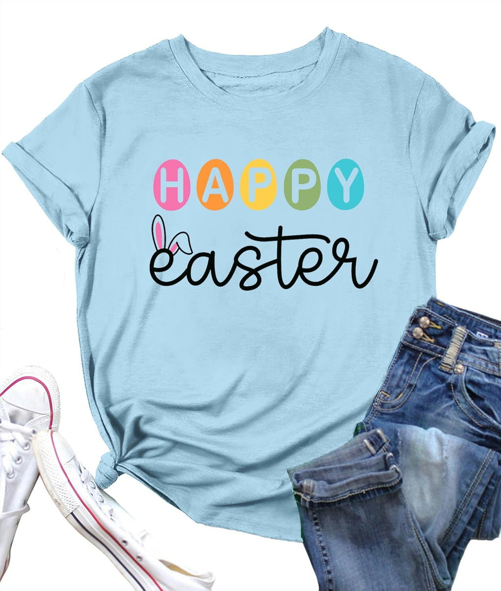 Happy Easter Shirts for Women: Easter Bunny Tshirt Funny Easter Letter Print Casual Short Sleeve Tops - T-Shirt, Sweatshirt, Hoodie