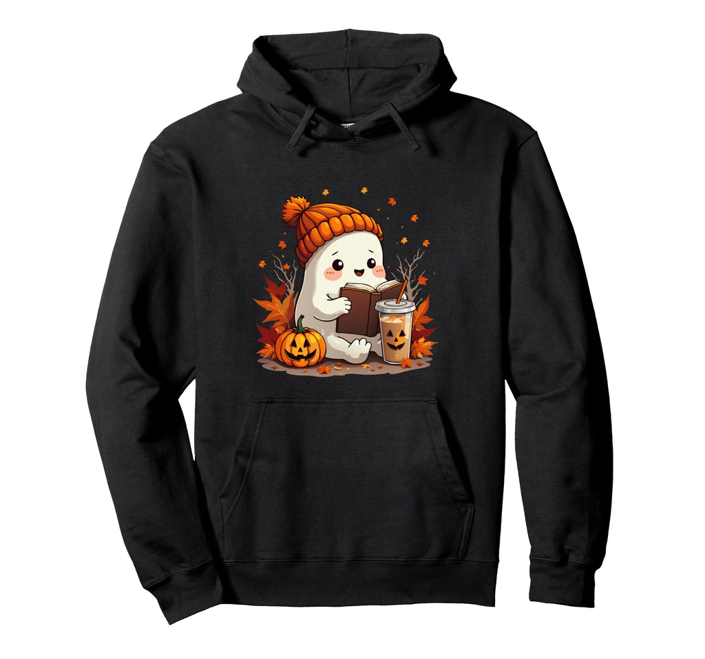 Ghost Reading Book Fall Leaves Hoodie - Trendy Graphic for Adults - T-Shirt, Sweatshirt, Hoodie