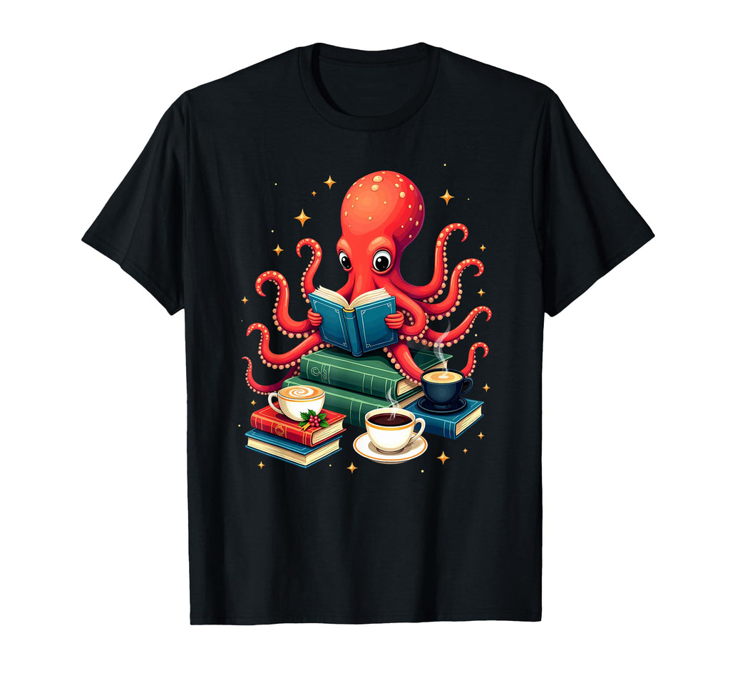 Octopus Reading Books Tea Coffee T-Shirt - Trendy Graphic for Adults - T-Shirt, Sweatshirt, Hoodie