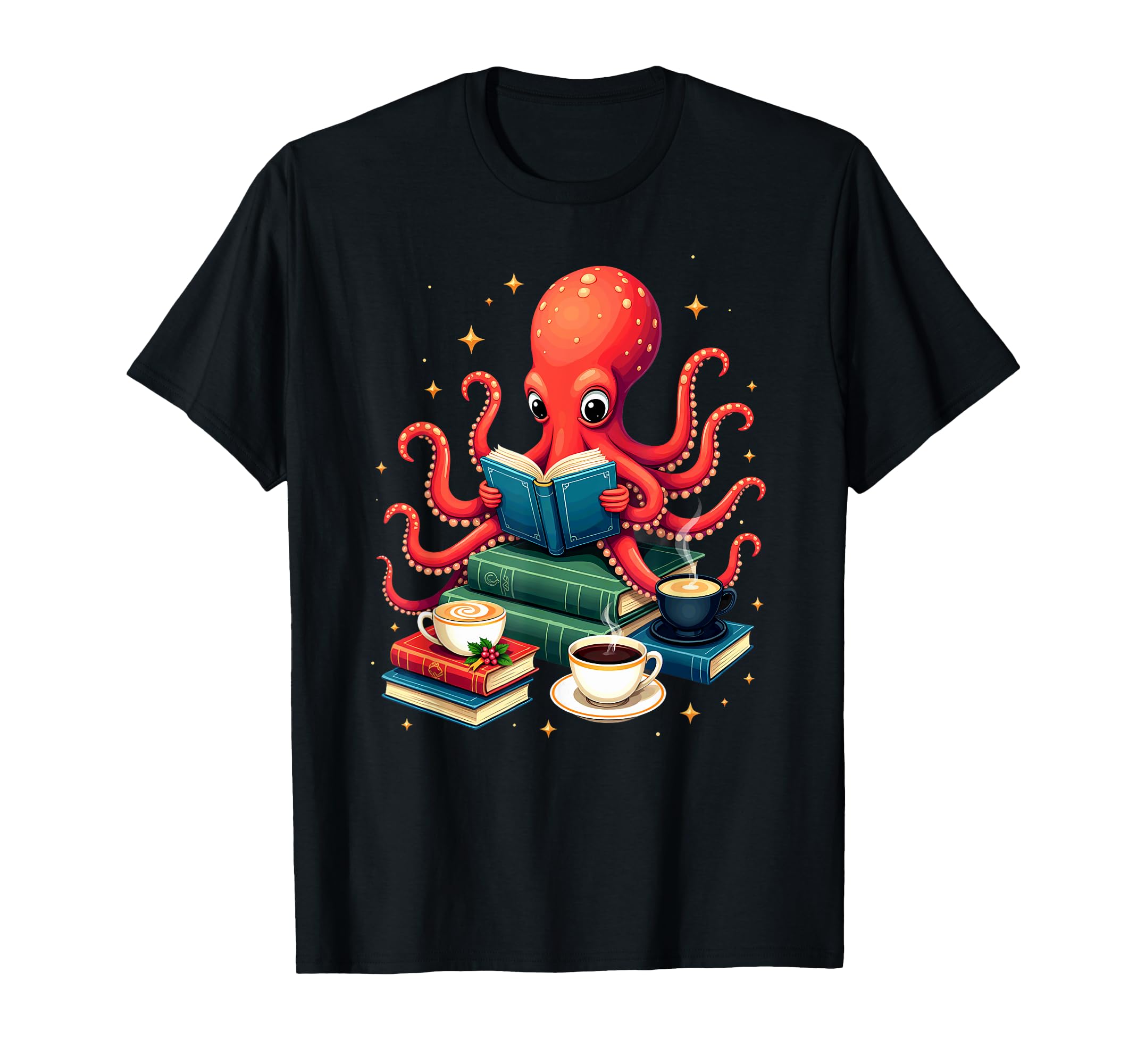 Octopus Reading Books Tea Coffee T-Shirt - Trendy Graphic for Adults - T-Shirt, Sweatshirt, Hoodie