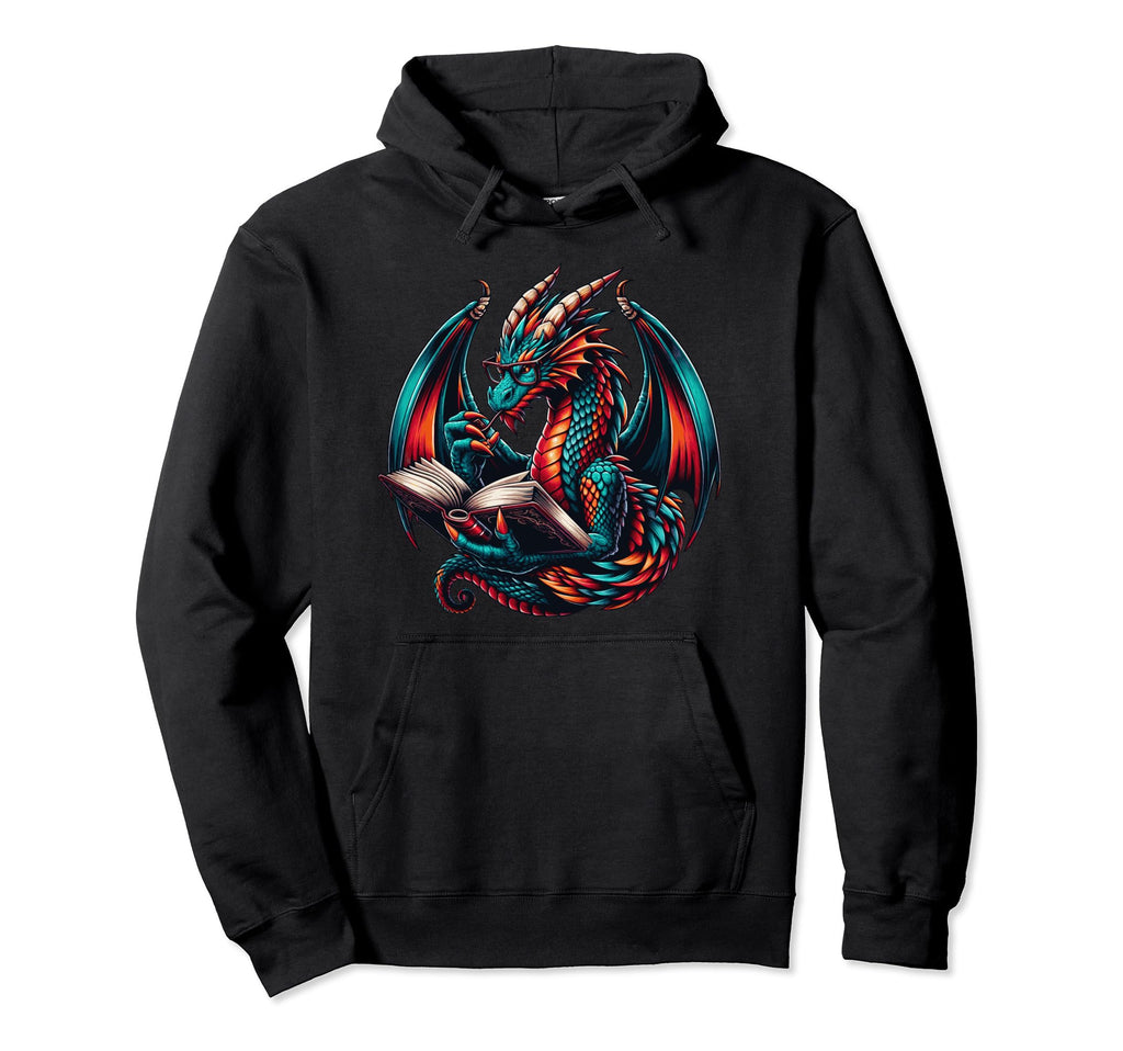Dragon Wearing Glasses Reading Book Hoodie - Aesthetic Graphic for Adults - T-Shirt, Sweatshirt, Hoodie