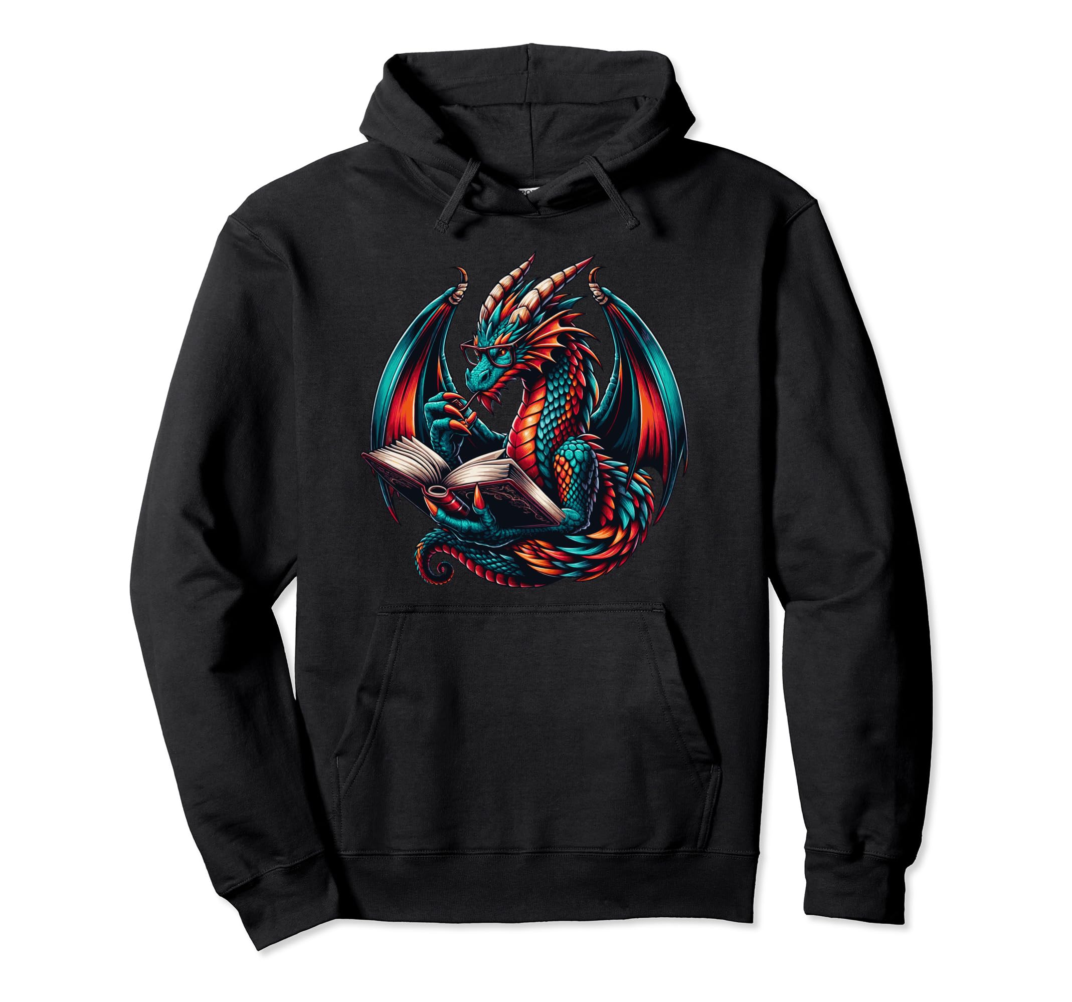 Dragon Wearing Glasses Reading Book Hoodie - Aesthetic Graphic for Adults - T-Shirt, Sweatshirt, Hoodie