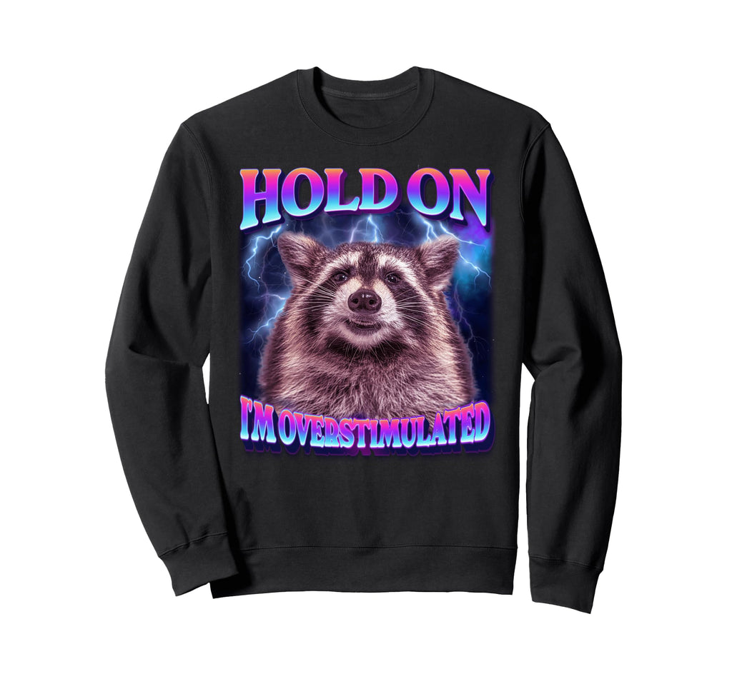 Hold Im Overstimulated Raccoon Funny Sweatshirt - Graphic Print for Adults - T-Shirt, Sweatshirt, Hoodie