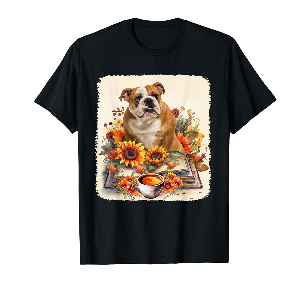Bulldog Reading Books Sunflowers Coffee T-Shirt - Trendy Graphic Men Women - T-Shirt, Sweatshirt, Hoodie