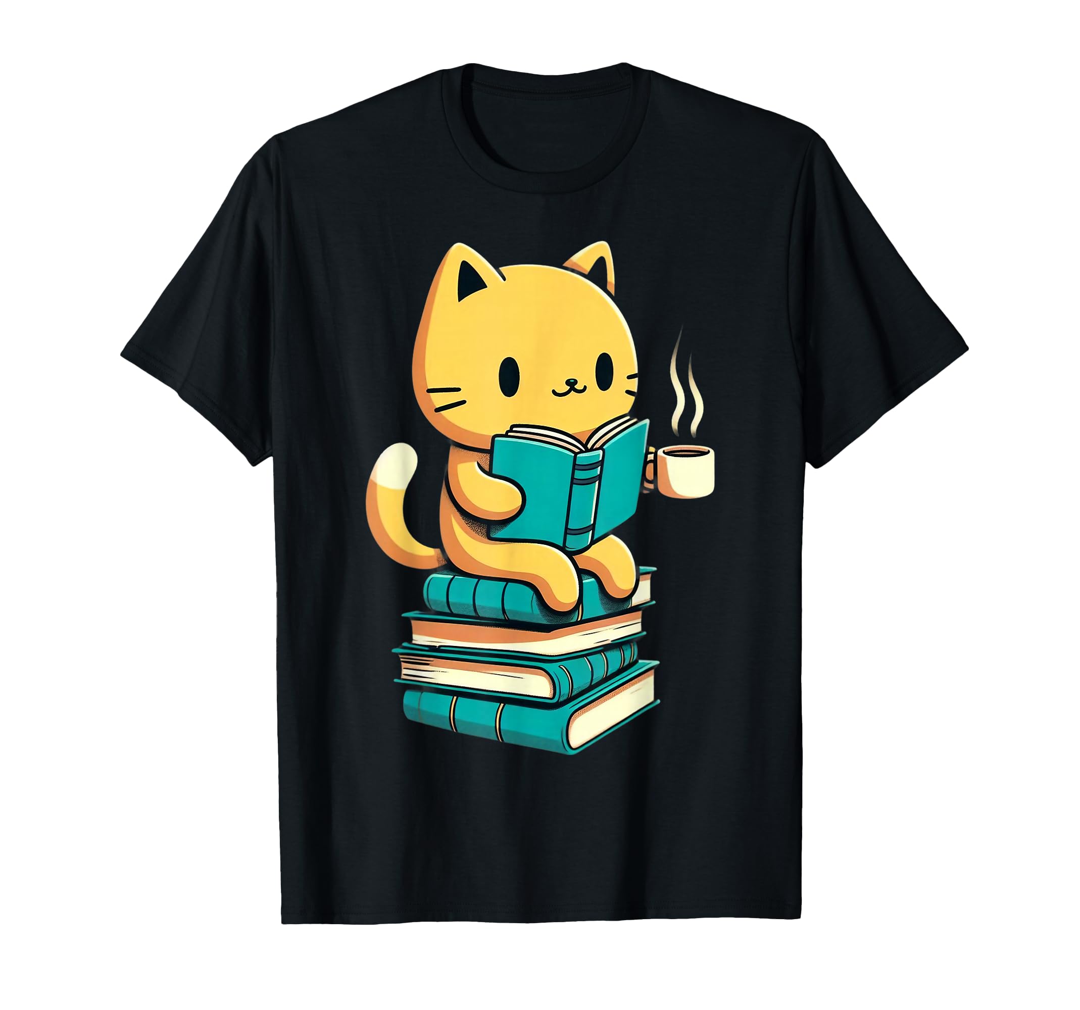 Cat Reading Book And Drink Coffee T-Shirt - Fun Novelty Design for Adults - T-Shirt, Sweatshirt, Hoodie