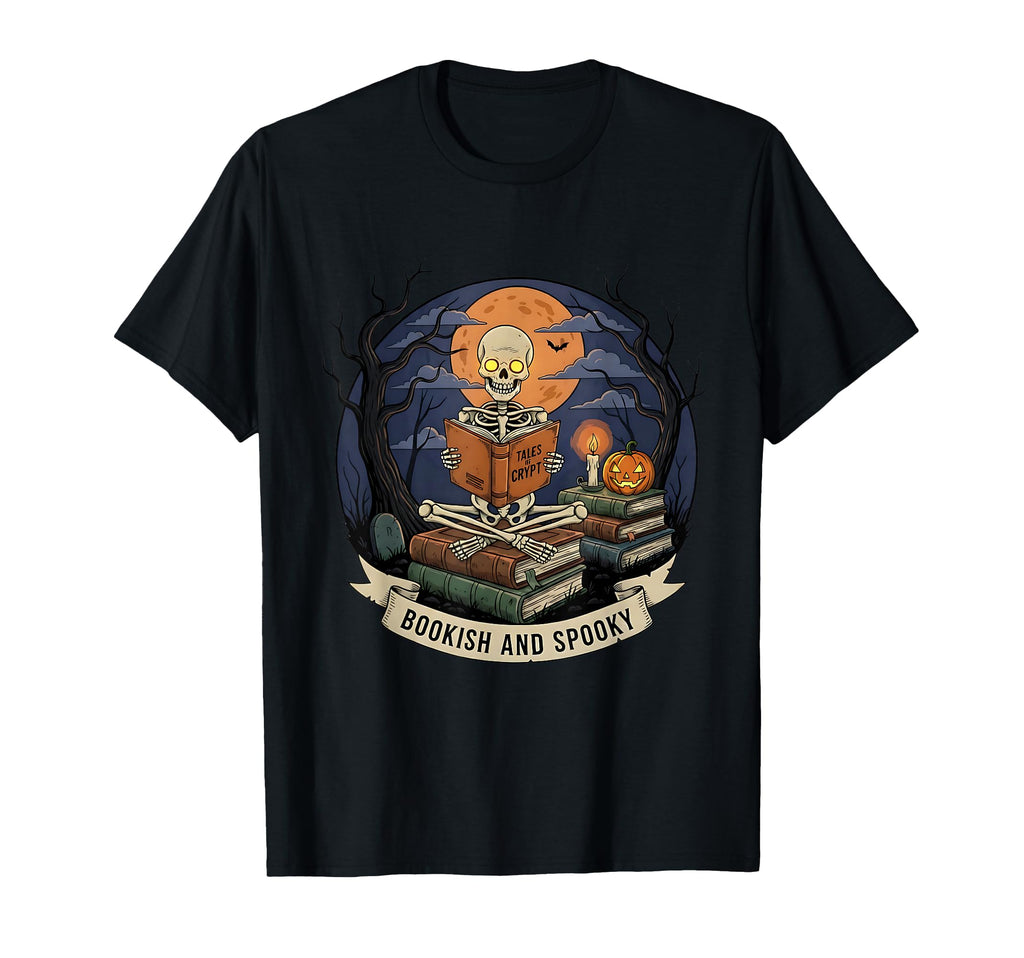 Bookish Spooky Skeleton Reading Tales T-Shirt - Aesthetic Graphic Unisex - T-Shirt, Sweatshirt, Hoodie