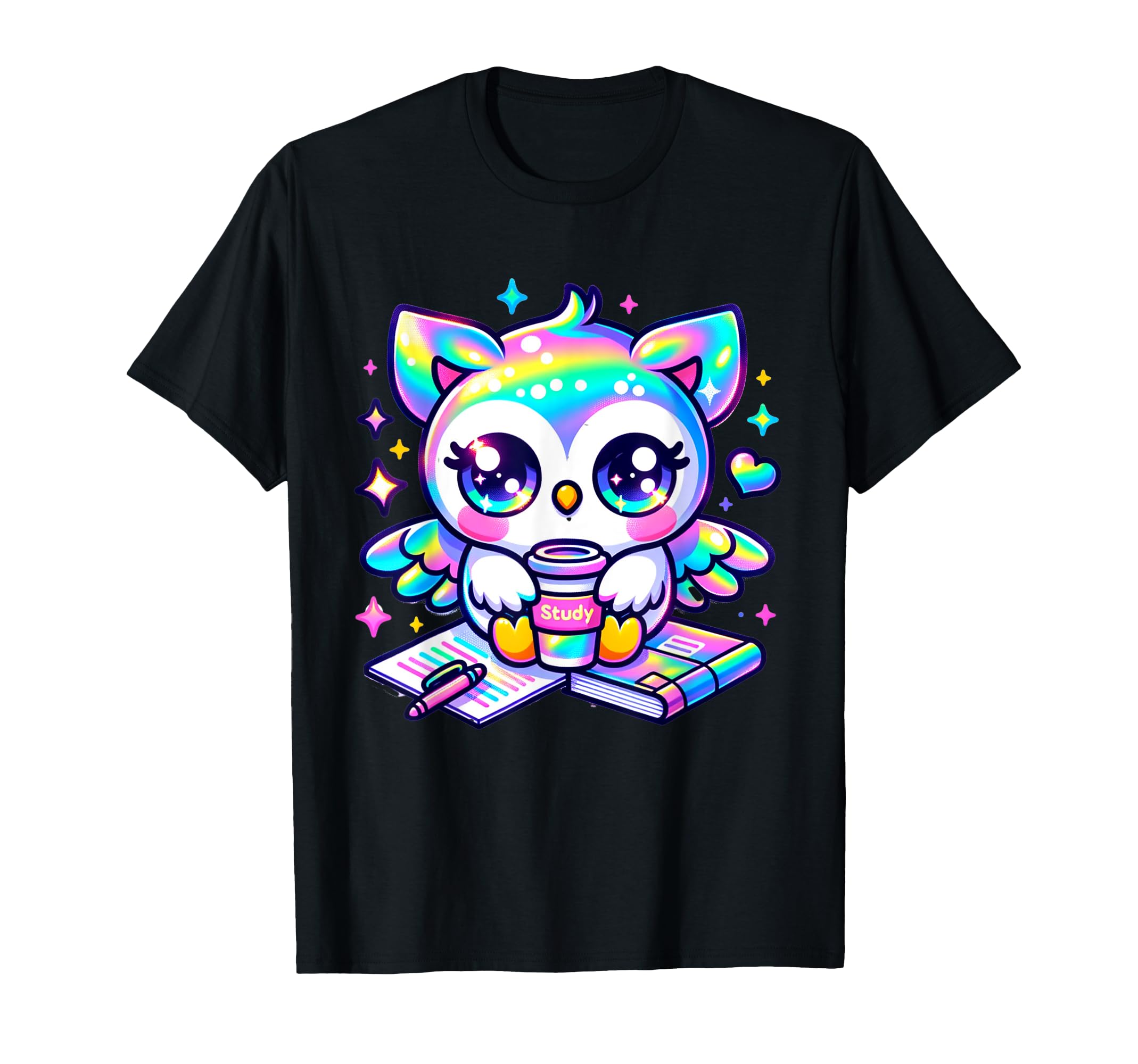Kawaii Owl Rainbow Books And Coffee T-Shirt - Minimalist Print for Adults - T-Shirt, Sweatshirt, Hoodie