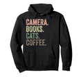 Camera Books Cats And Coffee Lover Hoodie - Minimalist Print for Adults - T-Shirt, Sweatshirt, Hoodie