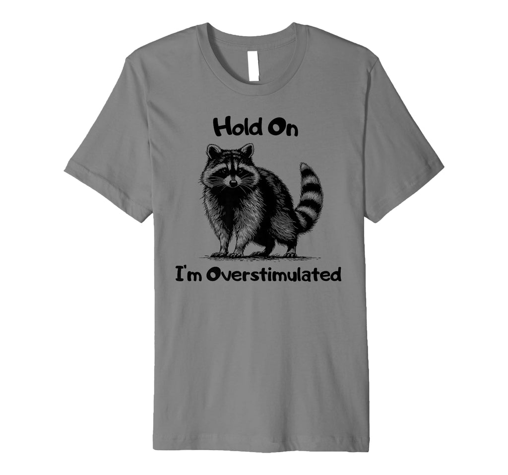 Hold Im Overstimulated Funny Raccoon T-Shirt - Unique Graphic Unisex - T-Shirt, Sweatshirt, Hoodie
