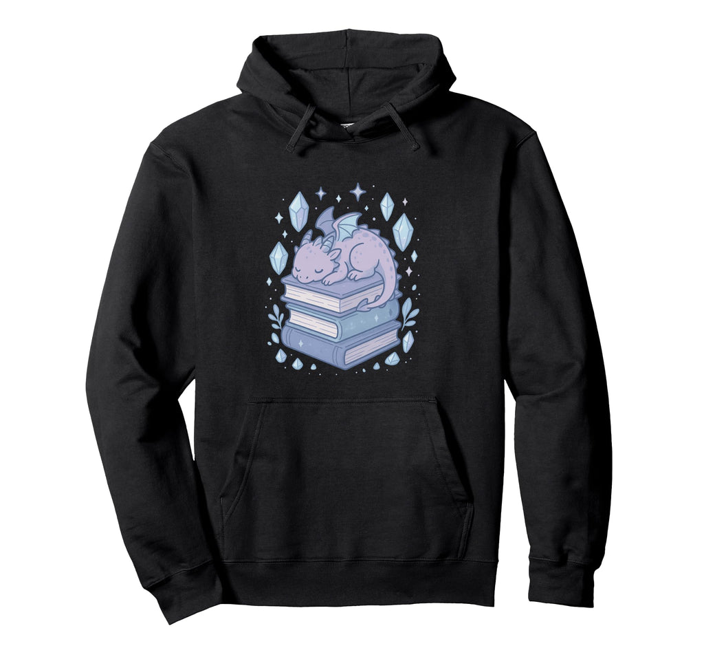 Dragon Sitting Books Fantasy Art Hoodie - Aesthetic Graphic for Adults - T-Shirt, Sweatshirt, Hoodie