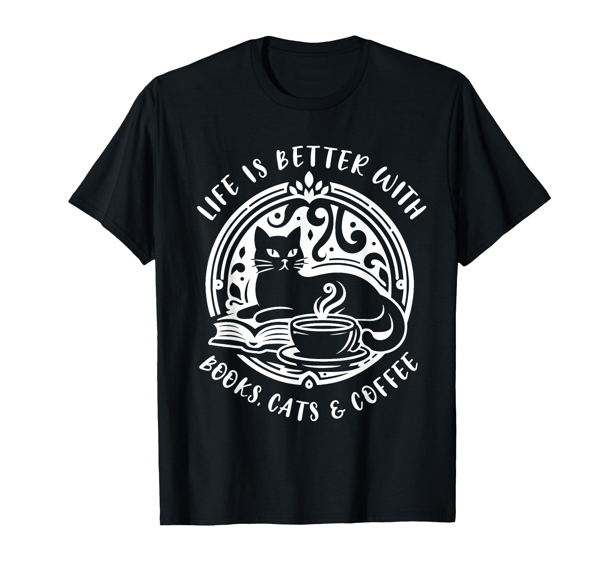 Cat Book And Coffee Make Life T-Shirt - Minimalist Print Men Women - T-Shirt, Sweatshirt, Hoodie