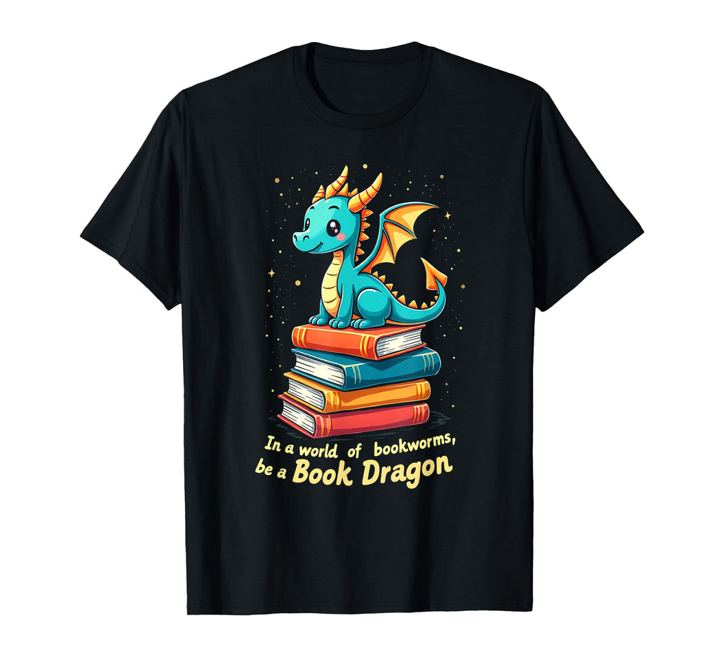 Happy Dragon Book Stack Reading T-Shirt - Unique Graphic for Adults - T-Shirt, Sweatshirt, Hoodie