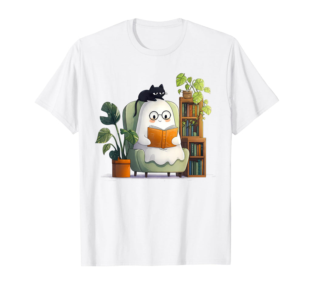 Ghost Reading Booktrovert Cat Plant Lover T-Shirt - Graphic Print Unisex - T-Shirt, Sweatshirt, Hoodie