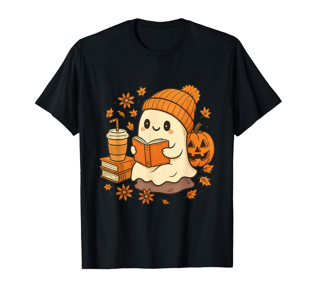 Ghost Reading Book Pumpkin Autumn Coffee T-Shirt - Unique Graphic Unisex - T-Shirt, Sweatshirt, Hoodie