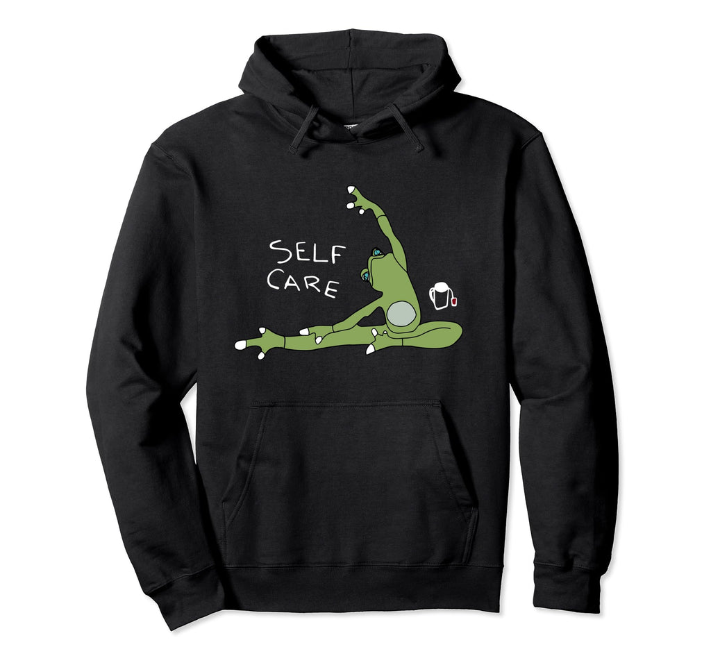 Self Care Frog Drinking Tea Yoga Hoodie - Minimalist Print Men Women - T-Shirt, Sweatshirt, Hoodie