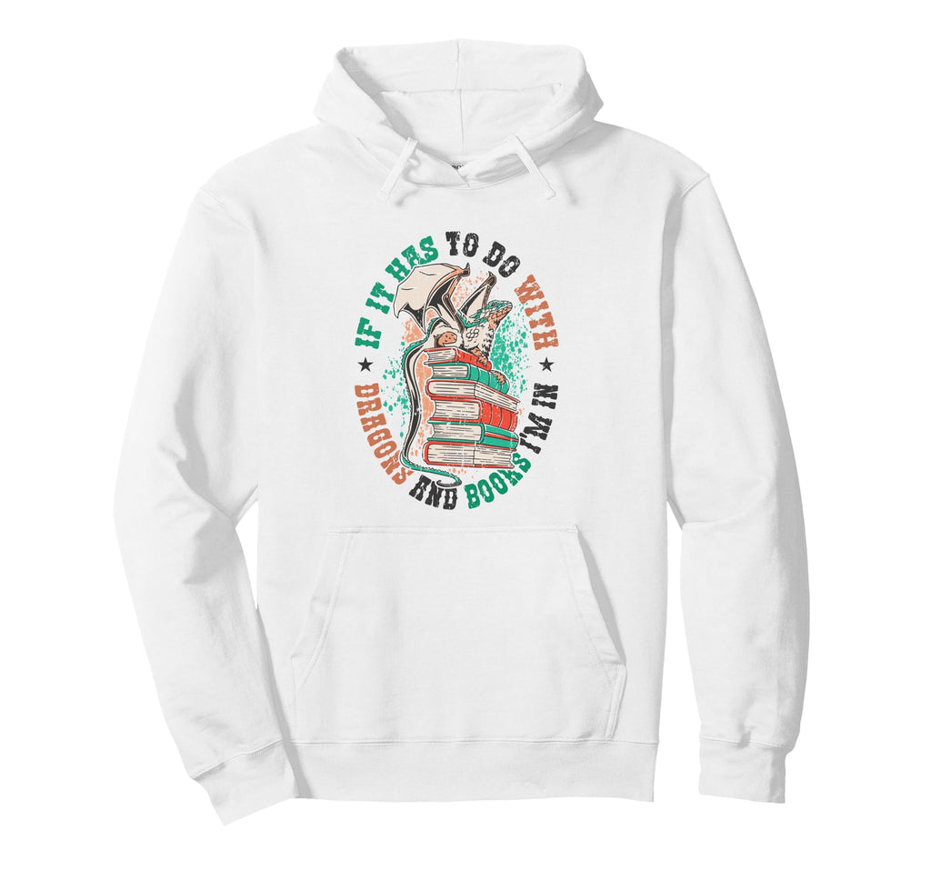 Dragon And Books Reading Hoodie - Minimalist Print Men Women - T-Shirt, Sweatshirt, Hoodie