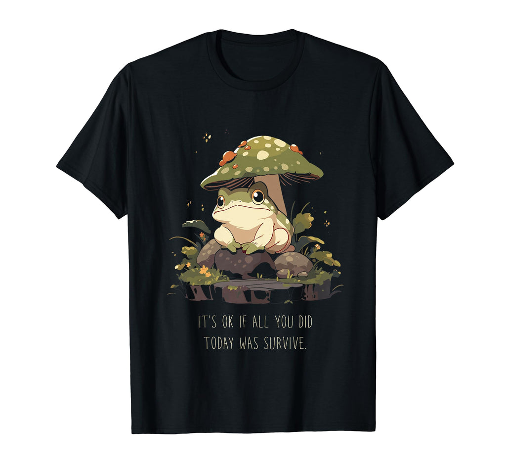 Whimsical Frog Sitting Mushroom T-Shirt - Custom Art Print Men Women - T-Shirt, Sweatshirt, Hoodie