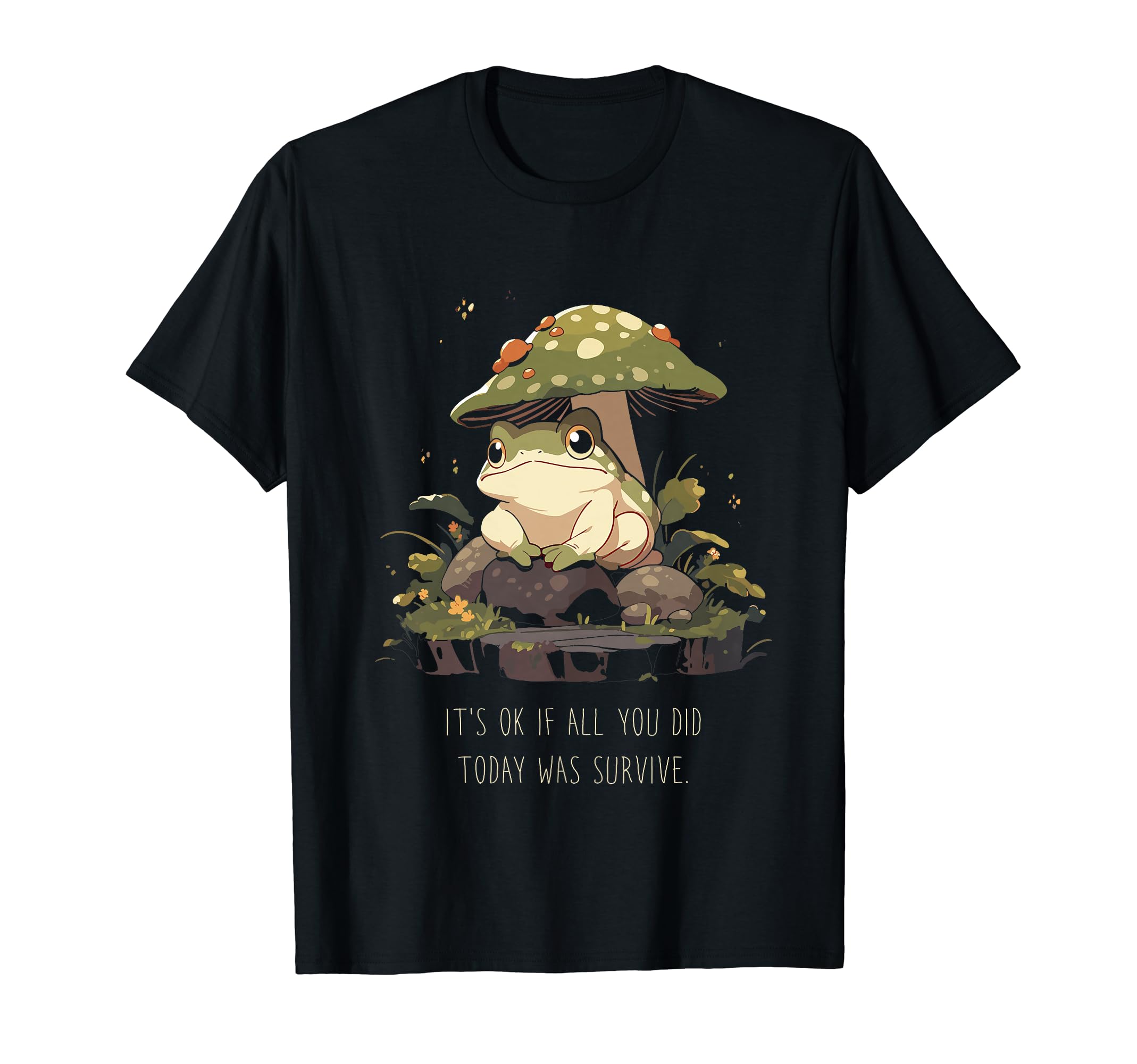 Whimsical Frog Sitting Mushroom T-Shirt - Custom Art Print Men Women - T-Shirt, Sweatshirt, Hoodie
