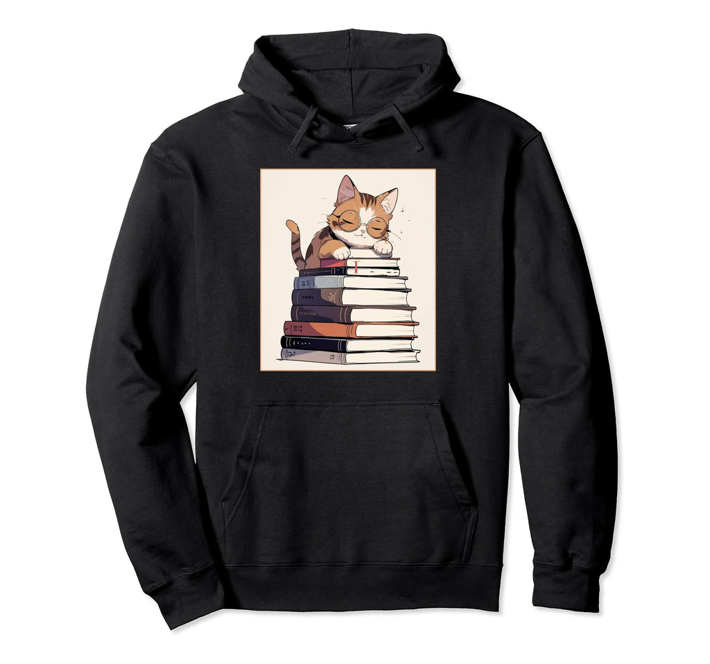 Nerd Cat Books Book And Cat Lover Hoodie - Casual Everyday Wear for Adults - T-Shirt, Sweatshirt, Hoodie