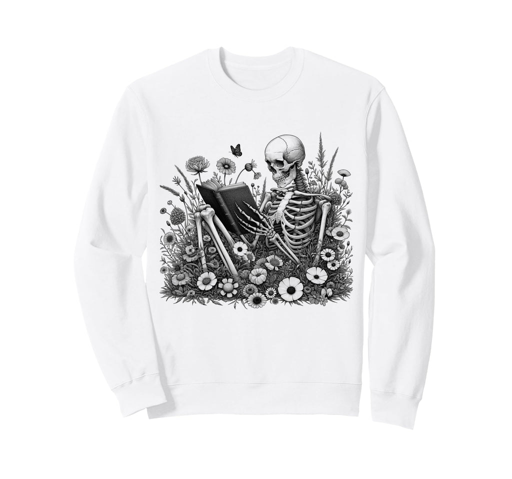 Skeleton Reading Book Floral Sweatshirt - Novelty Apparel for Adults - T-Shirt, Sweatshirt, Hoodie