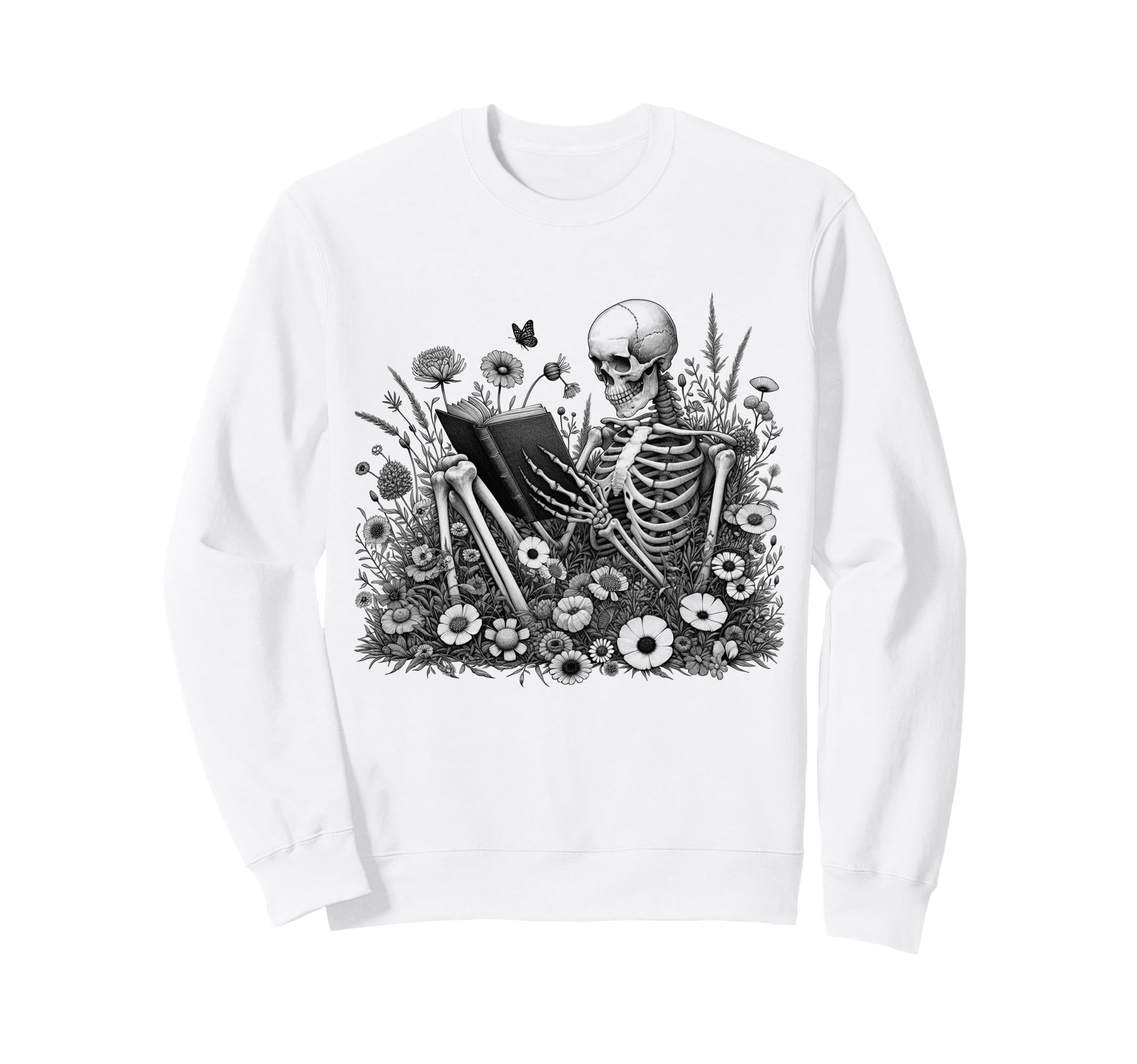 Skeleton Reading Book Floral Sweatshirt - Novelty Apparel for Adults - T-Shirt, Sweatshirt, Hoodie