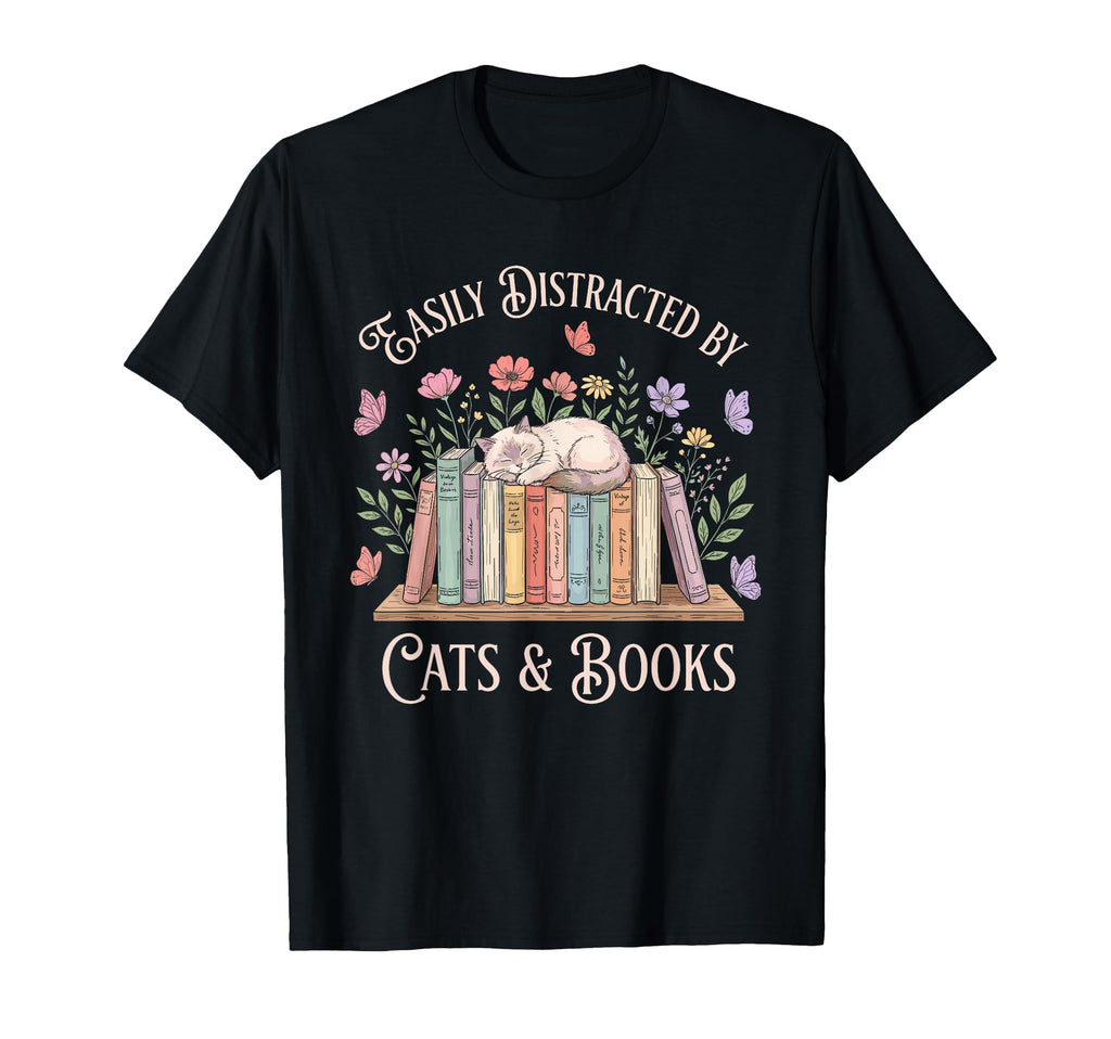 Easily Distracted Cats Books Reading T-Shirt - Minimalist Print Unisex - T-Shirt, Sweatshirt, Hoodie