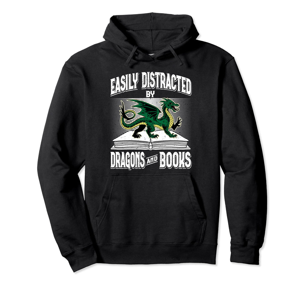 Easily Distracted Dragons And Books Hoodie - Minimalist Print Unisex - T-Shirt, Sweatshirt, Hoodie
