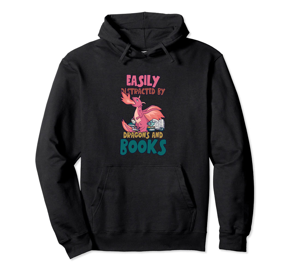 Easily Distracted Dragon And Books Hoodie - Novelty Apparel Men Women - T-Shirt, Sweatshirt, Hoodie