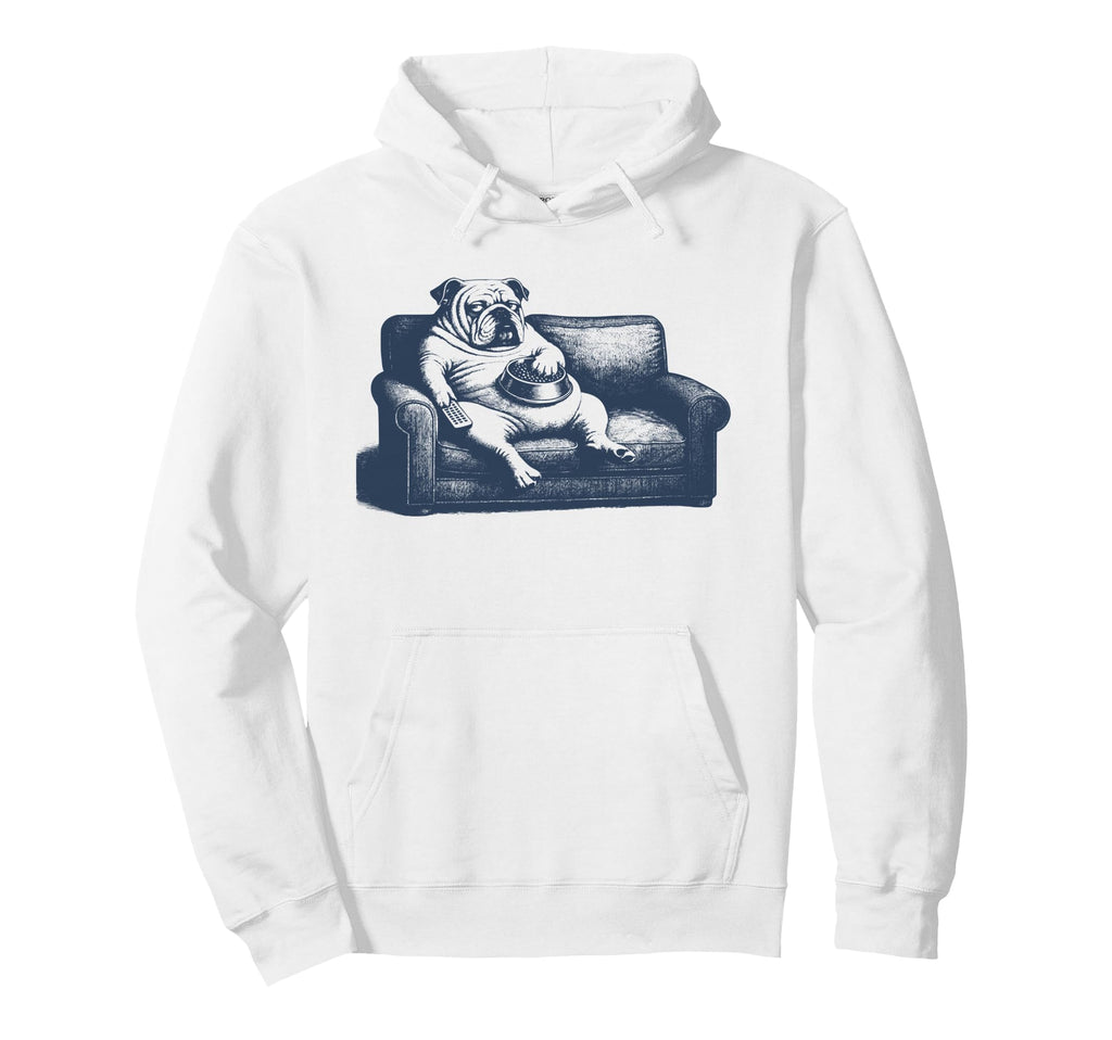 Funny English Bulldog Couch Potato Binge Hoodie - Trendy Graphic Men Women - T-Shirt, Sweatshirt, Hoodie