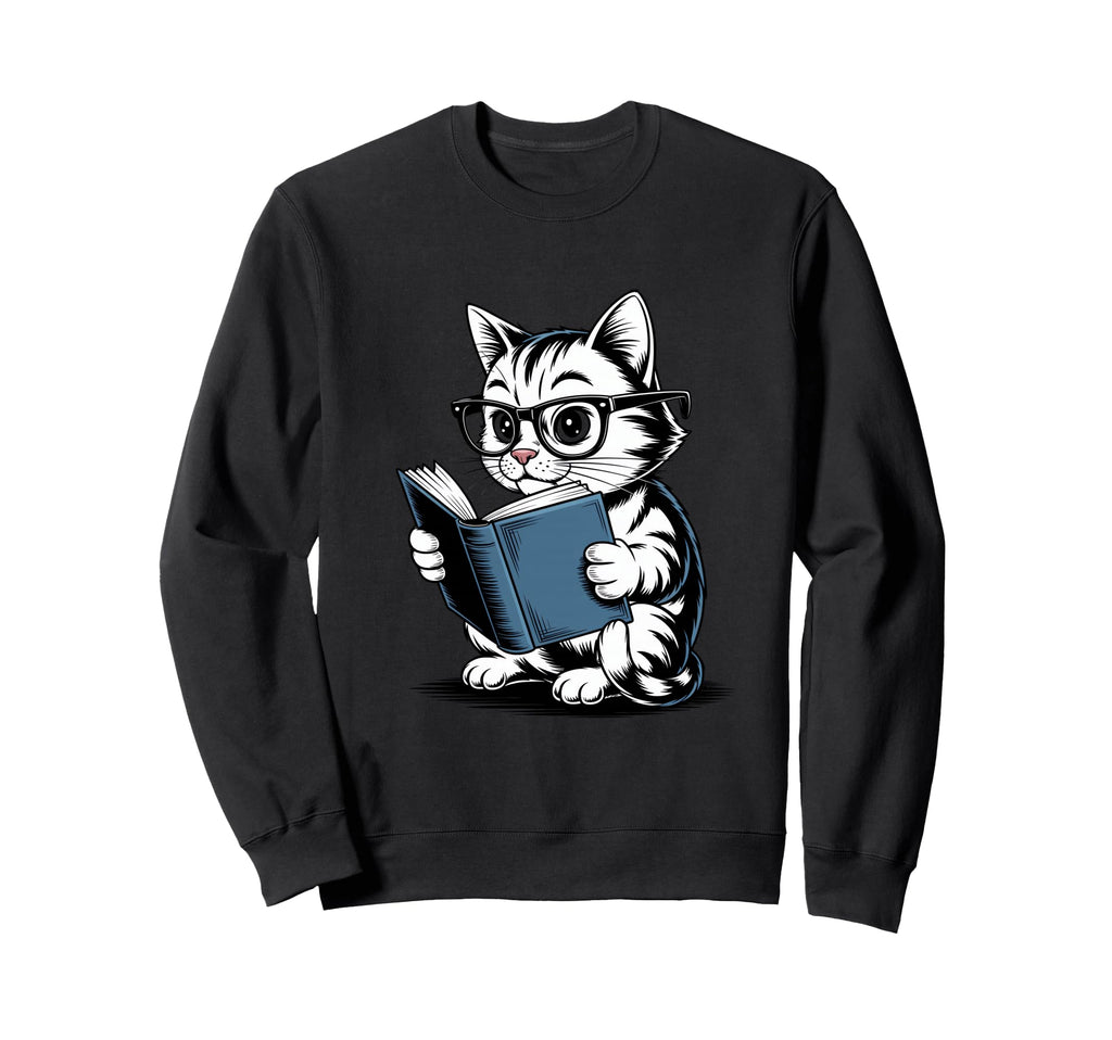 Cat Reading Book Nerd Kitty Sweatshirt - Minimalist Print for Adults - T-Shirt, Sweatshirt, Hoodie