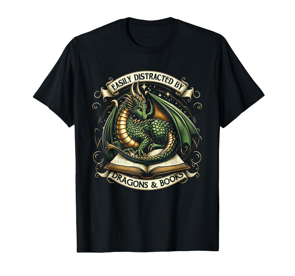 Easily Distracted Dragons And Books T-Shirt - Graphic Print for Adults - T-Shirt, Sweatshirt, Hoodie