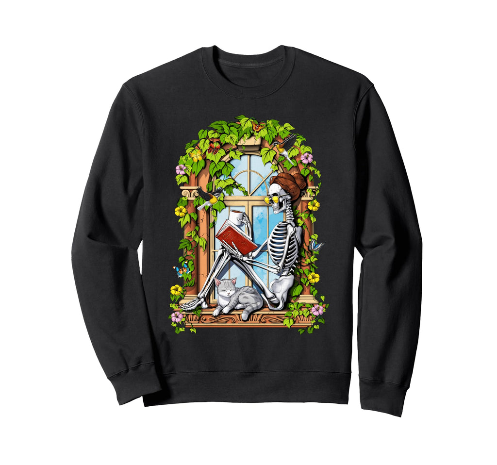 Skeleton Reading Book Floral Sweatshirt - Fun Novelty Design for Adults - T-Shirt, Sweatshirt, Hoodie