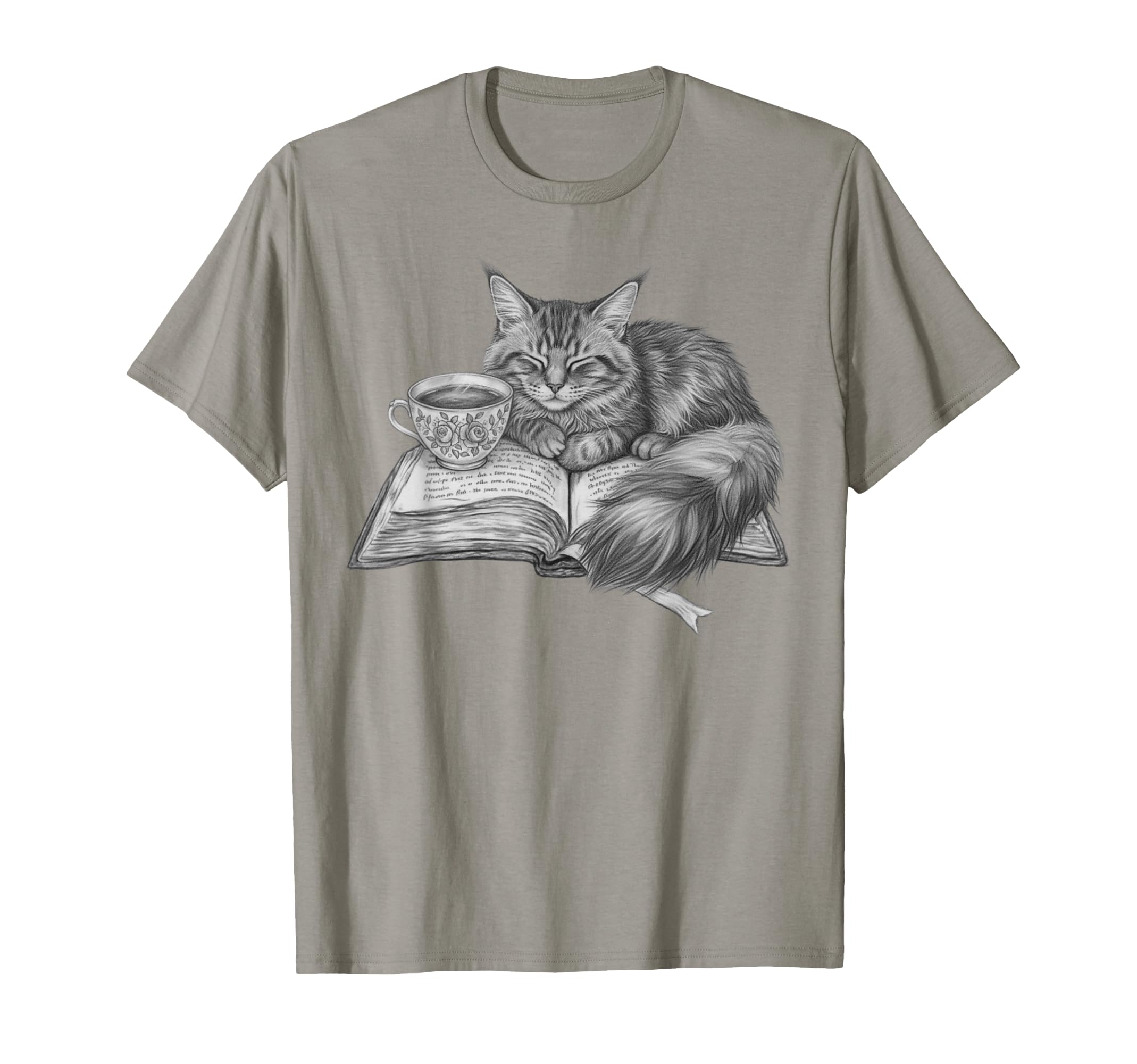 Cat Napping Open Book Tea Cup Reading T-Shirt - Unique Graphic Men Women - T-Shirt, Sweatshirt, Hoodie