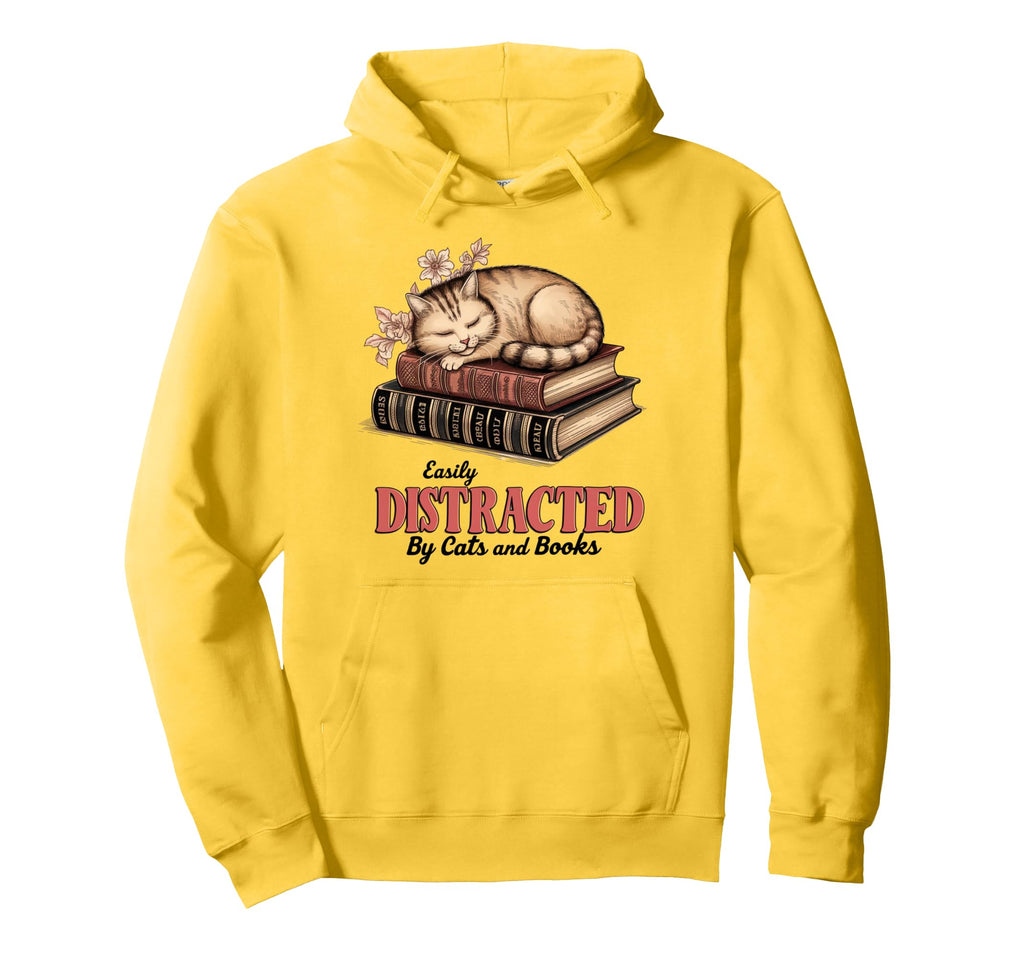 Easily Distracted Cats And Books Funny Hoodie - Graphic Print Unisex - T-Shirt, Sweatshirt, Hoodie