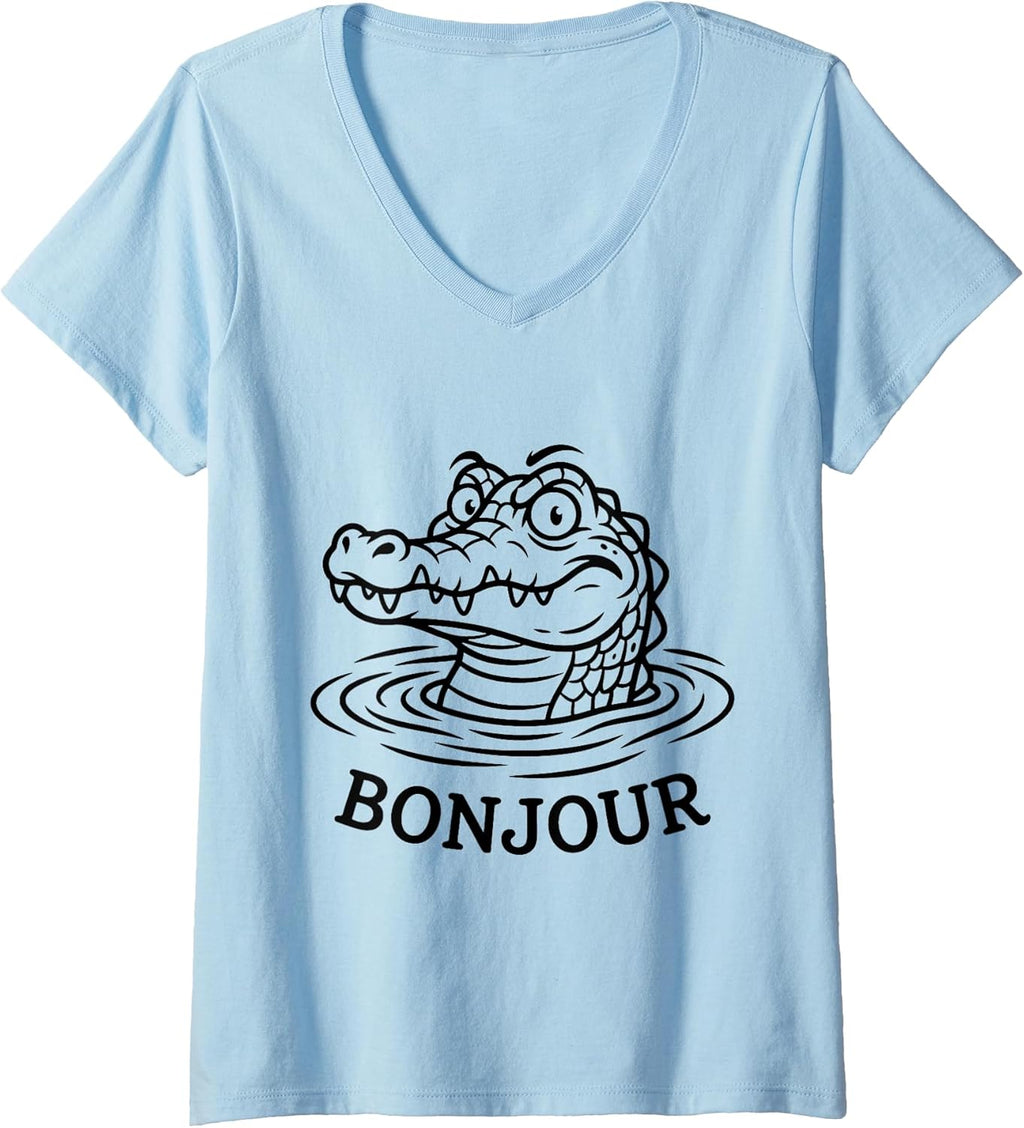 Women's Funny Alligators Croc - Crocodiles Gator Bonjour Meme V-Neck T-Shirt Unisex T-shirt, Sweatshirt, Hoodie, Long Sleeve Tee - T-Shirt, Sweatshirt, Hoodie