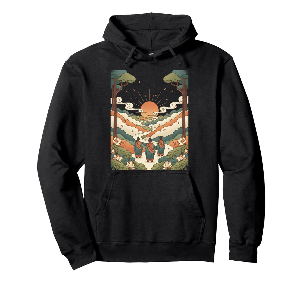 Mindful Journey Monks Walking Sunset Hoodie - Aesthetic Graphic Men Women - T-Shirt, Sweatshirt, Hoodie