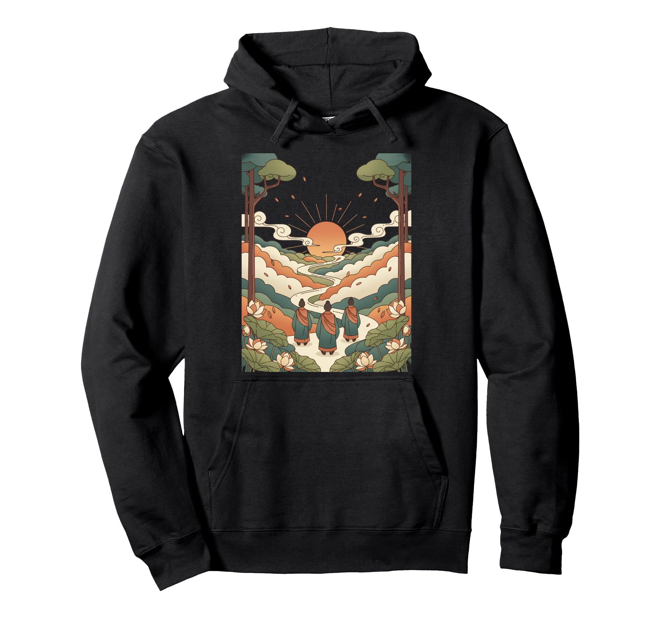 Mindful Journey Monks Walking Sunset Hoodie - Aesthetic Graphic Men Women - T-Shirt, Sweatshirt, Hoodie