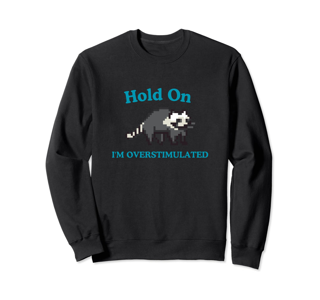 Hold Im Overstimulated Funny Raccoon Sweatshirt - Unique Graphic Men Women - T-Shirt, Sweatshirt, Hoodie