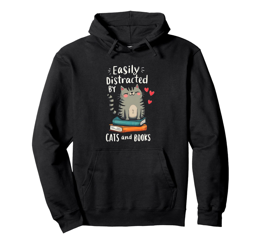 Easily Distracted Cats And Books Hoodie - Custom Art Print Men Women - T-Shirt, Sweatshirt, Hoodie