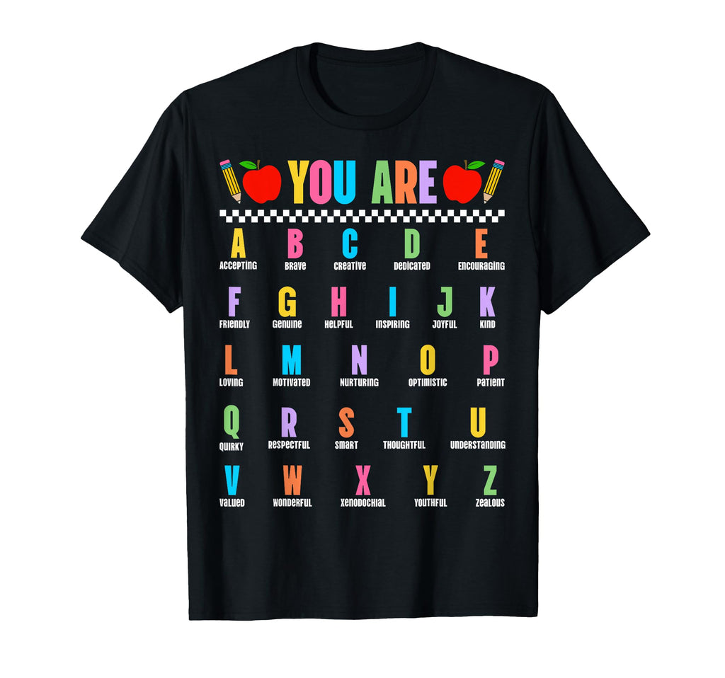 Alphabet Positive Affirmations Back To T-Shirt - Trendy Graphic for Adults - T-Shirt, Sweatshirt, Hoodie