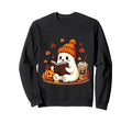 Ghost Reading Book Fall Leaves Halloween Sweatshirt - Graphic Print Unisex - T-Shirt, Sweatshirt, Hoodie