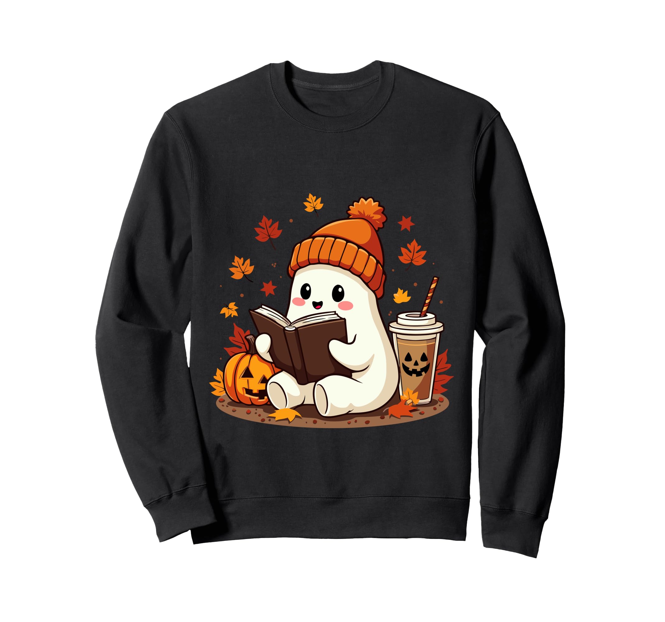 Ghost Reading Book Fall Leaves Halloween Sweatshirt - Graphic Print Unisex - T-Shirt, Sweatshirt, Hoodie
