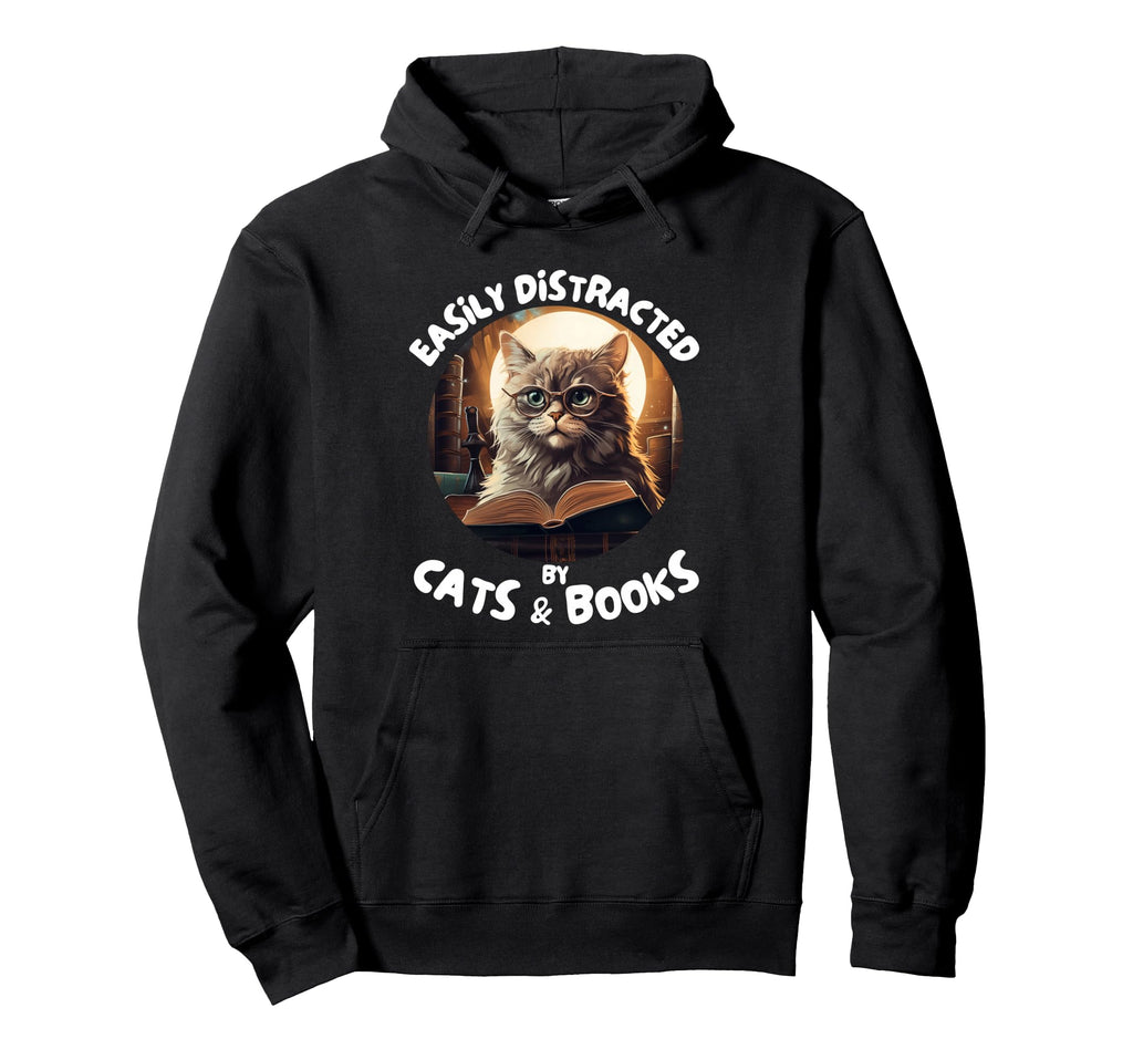 Easily Distracted Cats And Books Hoodie - Unique Graphic Men Women - T-Shirt, Sweatshirt, Hoodie