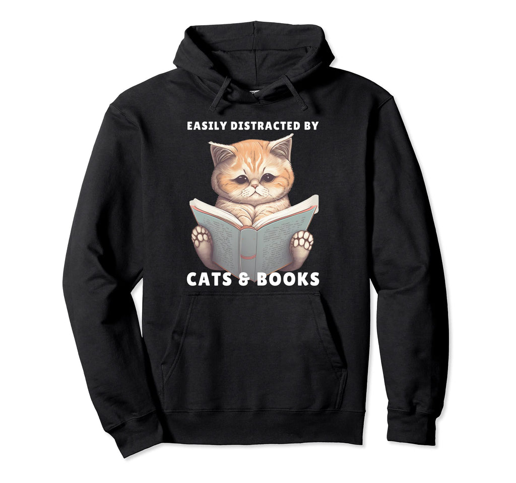 Easily Distracted Cats And Books Cat Hoodie - Minimalist Print Men Women - T-Shirt, Sweatshirt, Hoodie