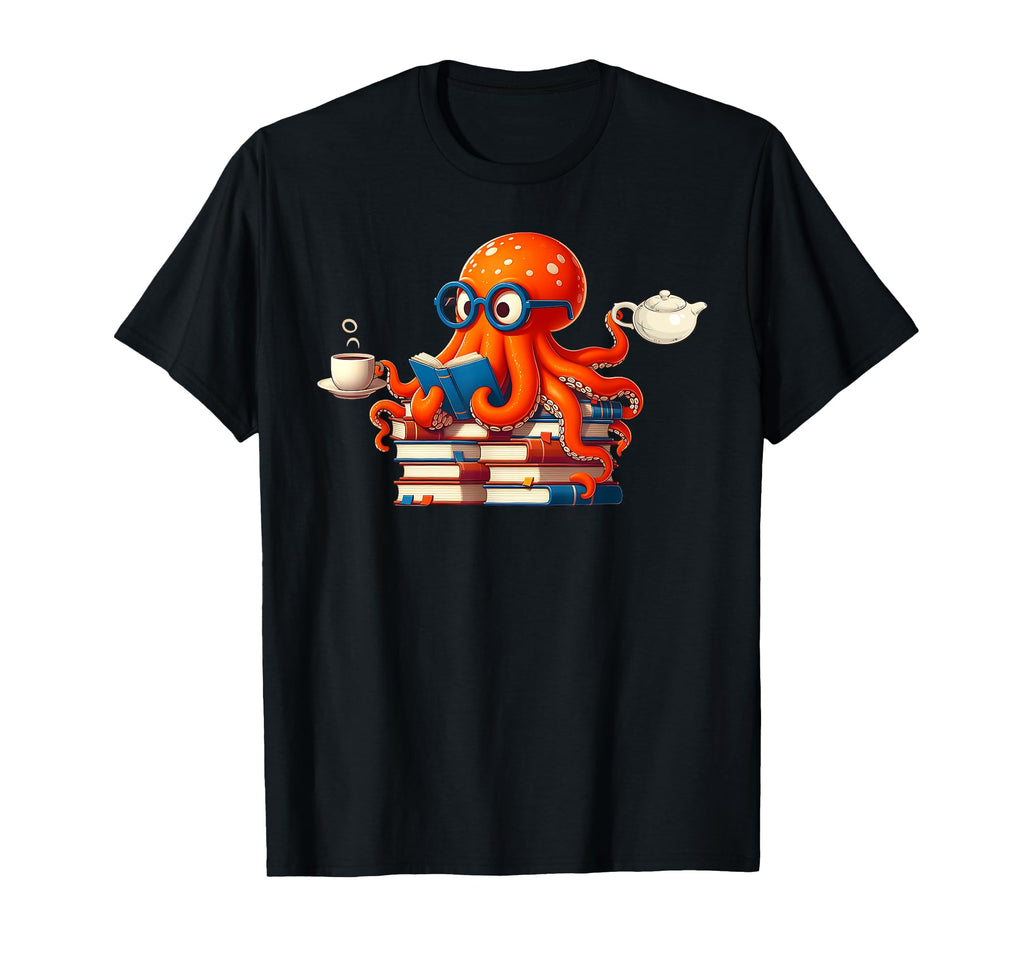 Octopus Reading Book Coffee Tea T-Shirt - Custom Art Print Unisex - T-Shirt, Sweatshirt, Hoodie