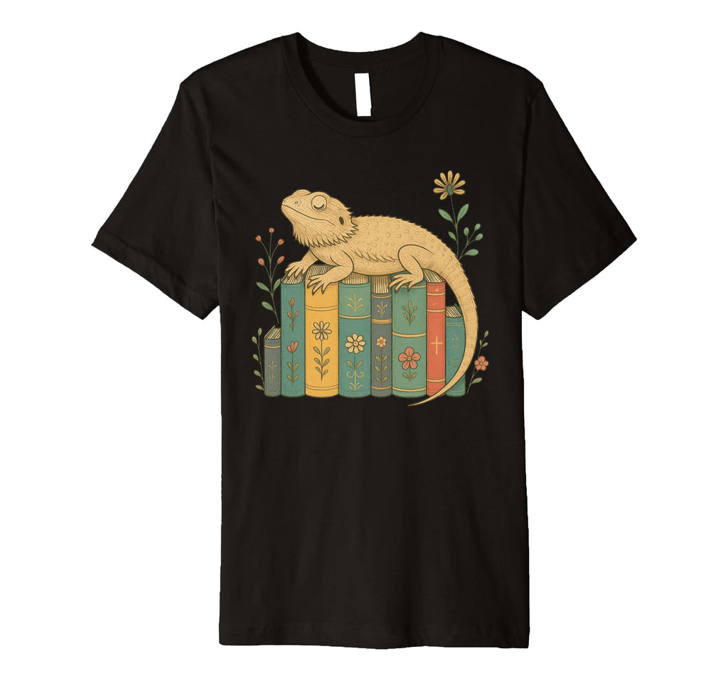 Floral Bearded Dragon Sleeping Books T-Shirt - Custom Art Print Unisex - T-Shirt, Sweatshirt, Hoodie