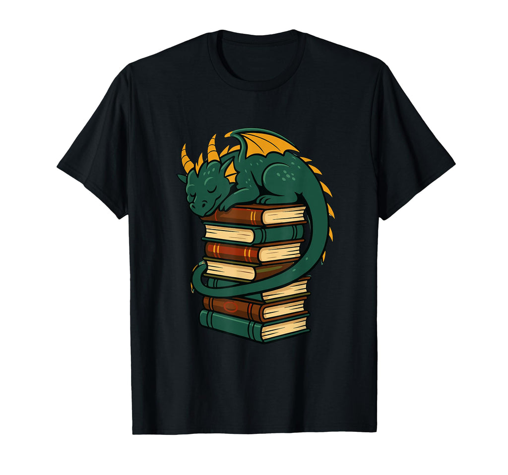 Sleeping Dragon Book Stack Fantasy Art T-Shirt - Trendy Graphic for Adults - T-Shirt, Sweatshirt, Hoodie
