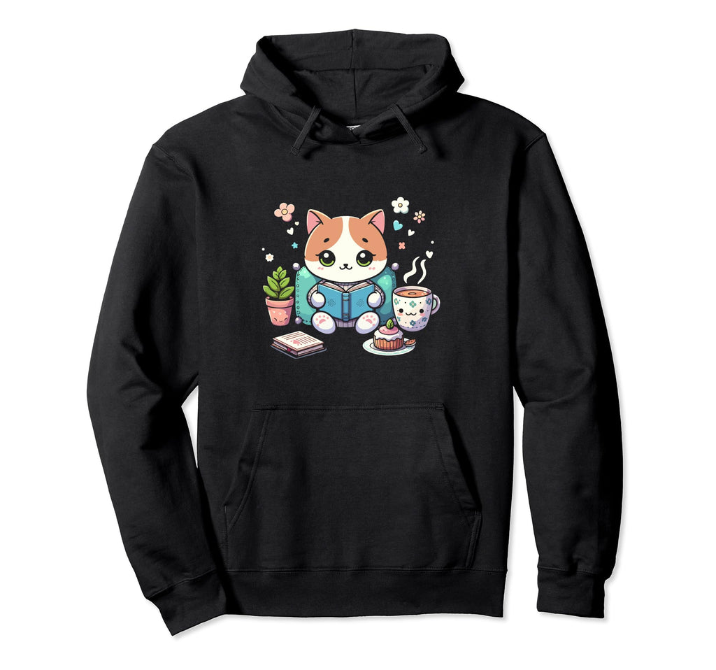 Cat Book Reading Coffee Lover Hoodie - Casual Everyday Wear Men Women - T-Shirt, Sweatshirt, Hoodie