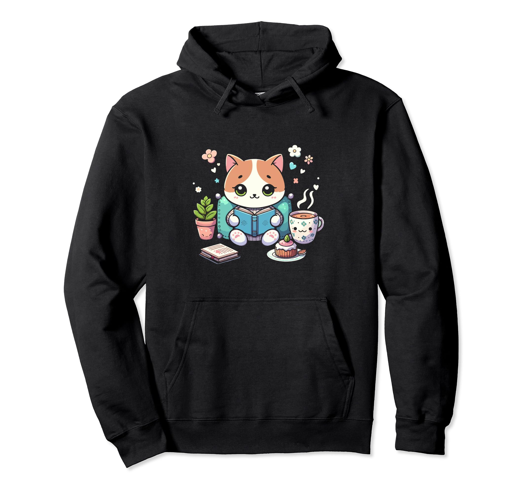 Cat Book Reading Coffee Lover Hoodie - Casual Everyday Wear Men Women - T-Shirt, Sweatshirt, Hoodie