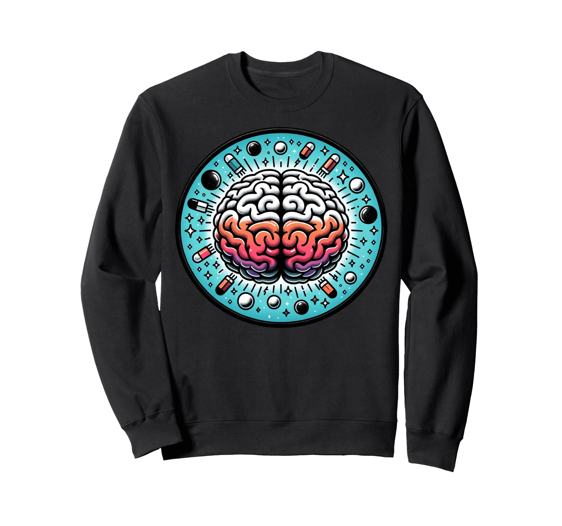 Illustrated Brain Pills And Stars Sweatshirt - Custom Art Print for Adults - T-Shirt, Sweatshirt, Hoodie